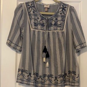 Blue and white boho top.